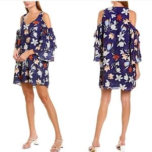 PARKER Moondance navy floral cold shoulder ruffle tiered sleeve shift dress